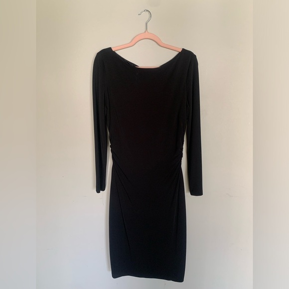 David Meister | Black Bateau Neckline Midi Sheath Dress Ruched Sides | 14 - Picture 3 of 7